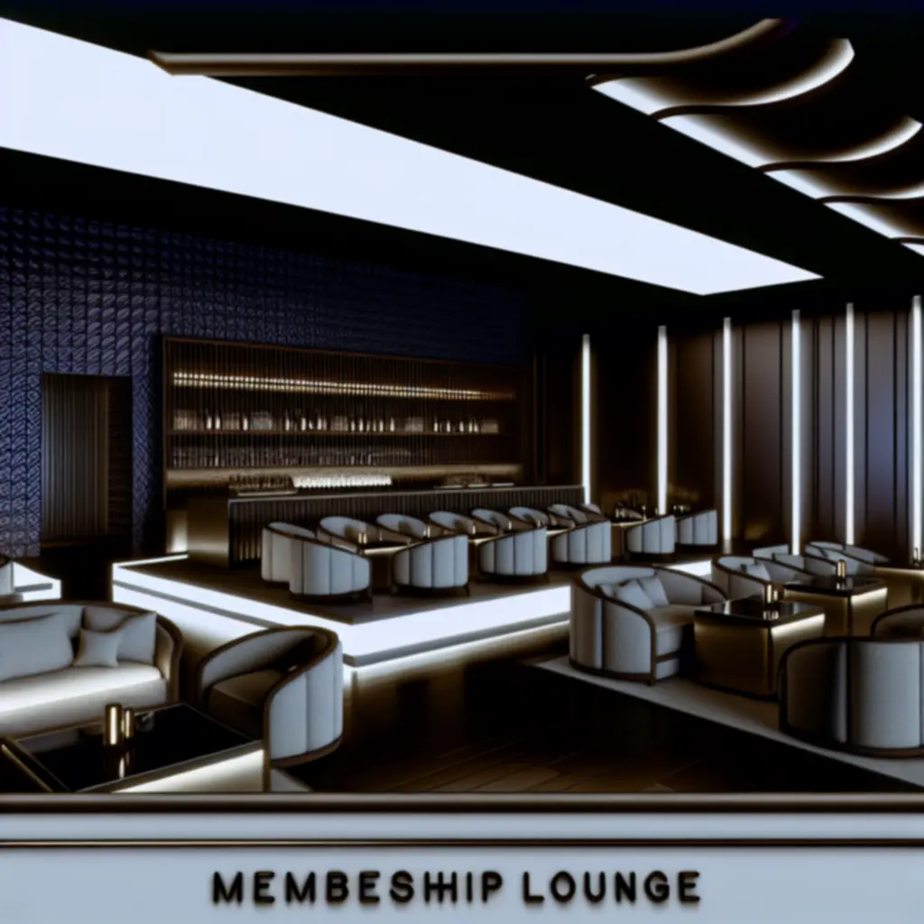 Exkluzív, modern tagsági lounge elegáns megvilágítással és pókerasztalokkal