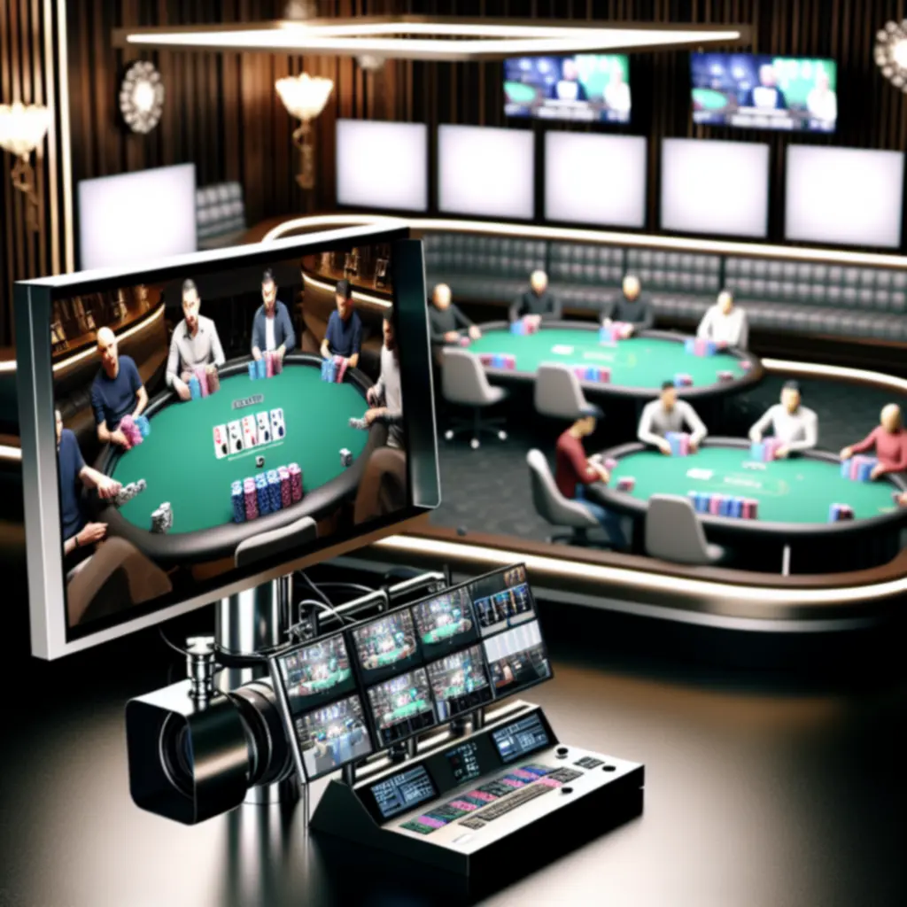 Élő póker közvetítés kivetítőn, játékosokkal az Auto Car Advice versenytermében.